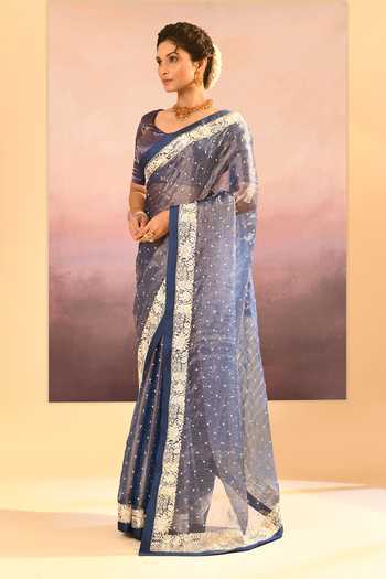 Buy_singhanias_Blue Tissue Saree With Running Blouse Fabric _Online_at_Aza_Fashions