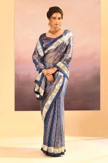 Shop_singhanias_Blue Tissue Saree With Running Blouse Fabric _Online_at_Aza_Fashions