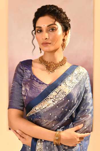 singhanias_Blue Tissue Saree With Running Blouse Fabric _at_Aza_Fashions