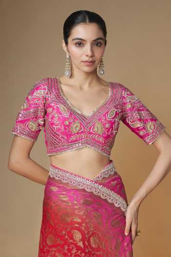 Renee label Red Georgette, Silk V-neck Banarasi Saree With Embroidered Blouse Online at Aza Fashions Renee label_Red Georgette, Silk V-neck Banarasi Saree With Embroidered Blouse _Online_at_Aza_Fashions