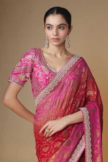 Buy Renee label Red Georgette, Silk V-neck Banarasi Saree With Embroidered Blouse Online at Aza Fashions Buy_Renee label_Red Georgette, Silk V-neck Banarasi Saree With Embroidered Blouse _Online_at_Aza_Fashions