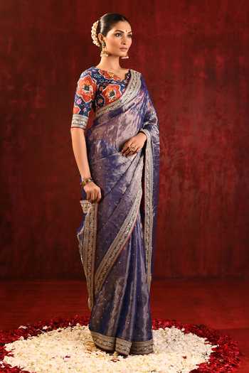 Shop_singhanias_Blue Tissue Saree With Running Blouse Fabric _Online_at_Aza_Fashions