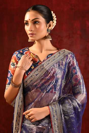 singhanias_Blue Tissue Saree With Running Blouse Fabric _at_Aza_Fashions