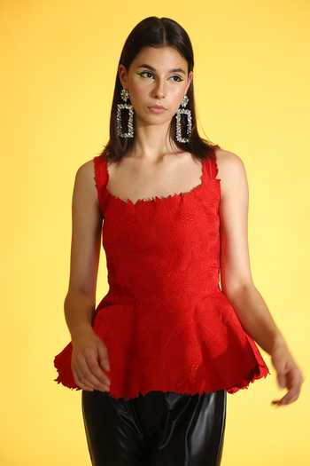 Shop_Parneet Gujral_Red Crepe Square Neck Embroidered Peplum Top _Online_at_Aza_Fashions