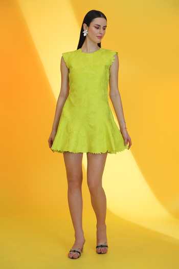 Shop_Parneet Gujral_Yellow Crepe Round Neck Thread Embroidered Dress _Online_at_Aza_Fashions