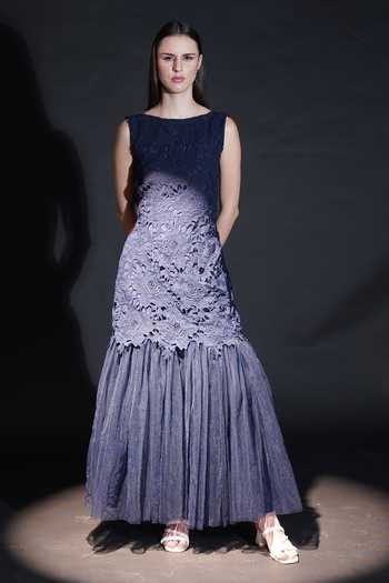 Parneet Gujral_Blue Crepe Lace, Applique, Fabric Flowers High Neck Floral Work Gown _Online_at_Aza_Fashions