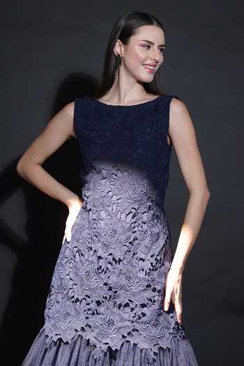Buy_Parneet Gujral_Blue Crepe Lace, Applique, Fabric Flowers High Neck Floral Work Gown 