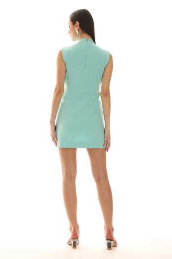 Shop Parneet Gujral Blue Crepe High Neck Thread Embroidered Short Dress at Aza Fashions Shop_Parneet Gujral_Blue Crepe High Neck Thread Embroidered Short Dress _at_Aza_Fashions