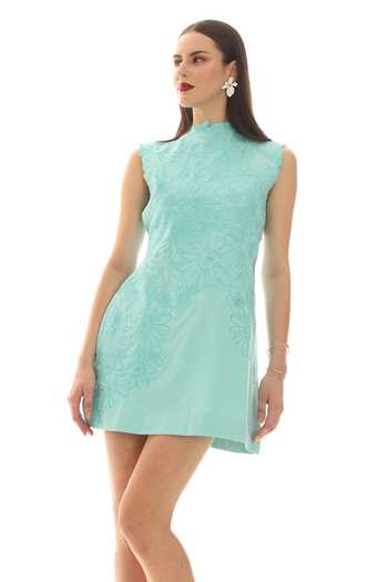 Buy Parneet Gujral Blue Crepe High Neck Thread Embroidered Short Dress Buy_Parneet Gujral_Blue Crepe High Neck Thread Embroidered Short Dress