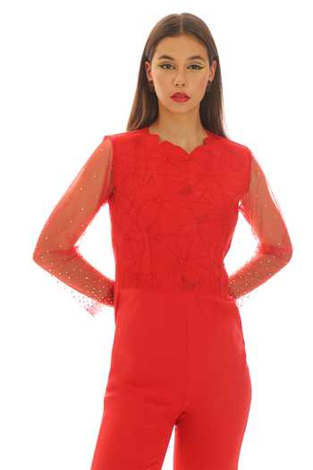 Buy Parneet Gujral Red Crepe, Net Round Neck Floral Yoke Embroidered Jumpsuit Online at Aza Fashions Buy_Parneet Gujral_Red Crepe, Net Round Neck Floral Yoke Embroidered Jumpsuit _Online_at_Aza_Fashions