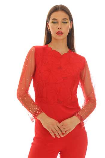 Parneet Gujral Red Crepe, Net Round Neck Floral Yoke Embroidered Jumpsuit at Aza Fashions Parneet Gujral_Red Crepe, Net Round Neck Floral Yoke Embroidered Jumpsuit _at_Aza_Fashions