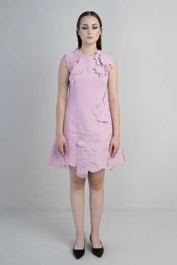Shop_Parneet Gujral_Pink Crepe Round Neck 3d Floral Embroidered Dress _Online_at_Aza_Fashions