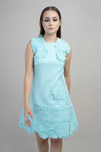 Buy_Parneet Gujral_Blue Crepe High Neck 3d Flower Embroidered Dress _Online_at_Aza_Fashions