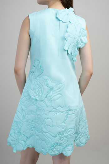 Shop_Parneet Gujral_Blue Crepe High Neck 3d Flower Embroidered Dress _Online_at_Aza_Fashions