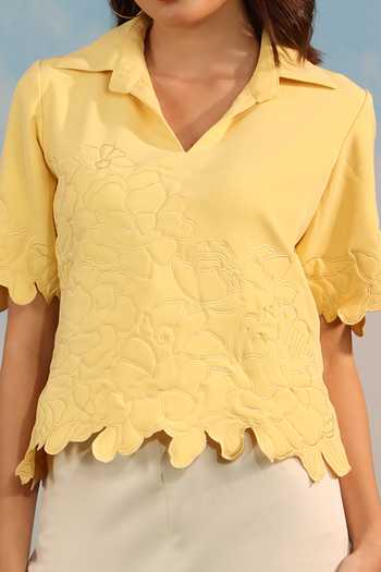 Parneet Gujral_Yellow Crepe Cutwork Bordered Top _Online_at_Aza_Fashions