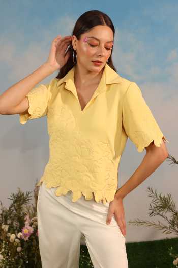 Buy_Parneet Gujral_Yellow Crepe Cutwork Bordered Top _Online_at_Aza_Fashions