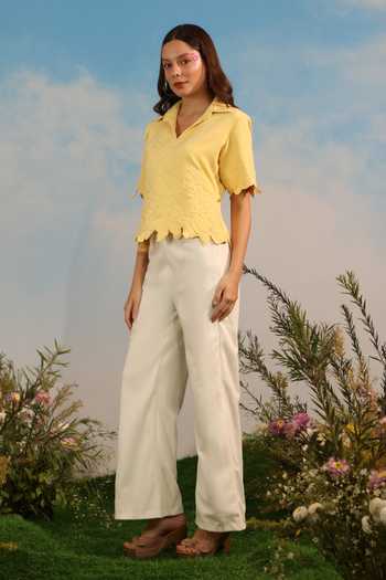 Shop_Parneet Gujral_Yellow Crepe Cutwork Bordered Top _Online_at_Aza_Fashions