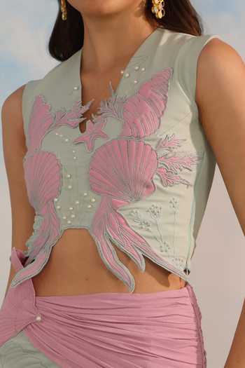 Shop_Parneet Gujral_Green Crepe V-neck Shell Embroidered Crop Top _Online_at_Aza_Fashions