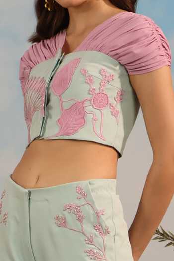 Parneet Gujral_Pink Crepe V-neck Placement Embroidered Crop Top _Online_at_Aza_Fashions