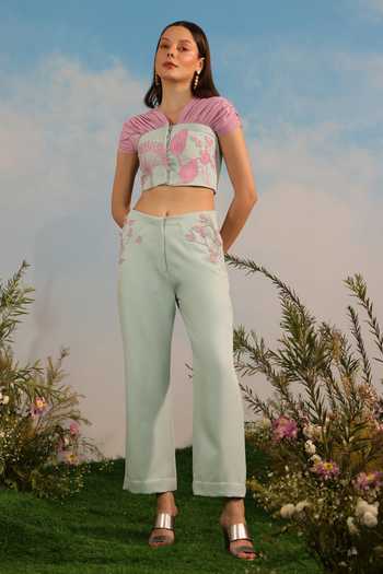 Shop_Parneet Gujral_Pink Crepe V-neck Placement Embroidered Crop Top _Online_at_Aza_Fashions