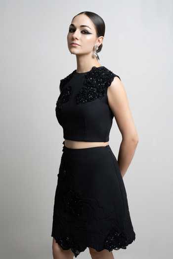 Shop_Parneet Gujral_Black Crepe Cutwork Embroidered Skirt _Online_at_Aza_Fashions