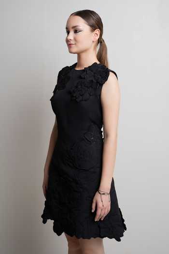 Buy_Parneet Gujral_Black Crepe Round Neck 3d Floral Embroidered Dress _Online_at_Aza_Fashions