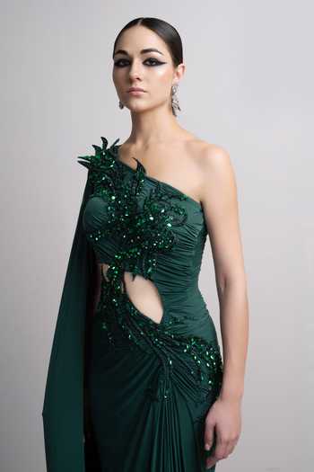Parneet Gujral_Green Spandex Sequins, Beads One Shoulder Embroidered Gown _Online_at_Aza_Fashions