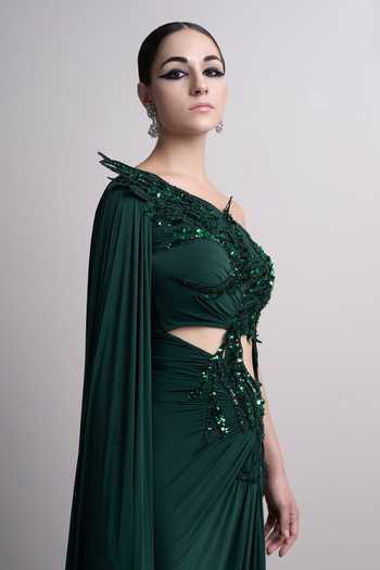 Buy_Parneet Gujral_Green Spandex Sequins, Beads One Shoulder Embroidered Gown _Online_at_Aza_Fashions