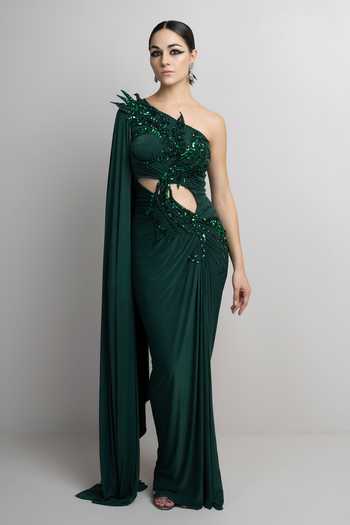 Shop_Parneet Gujral_Green Spandex Sequins, Beads One Shoulder Embroidered Gown _Online_at_Aza_Fashions