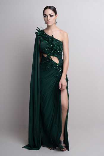 Parneet Gujral_Green Spandex Sequins, Beads One Shoulder Embroidered Gown _at_Aza_Fashions