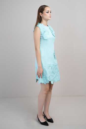 Parneet Gujral_Blue Crepe Round Neck 3d Flower Embroidered Dress _Online_at_Aza_Fashions