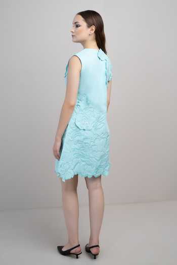 Buy_Parneet Gujral_Blue Crepe Round Neck 3d Flower Embroidered Dress _Online_at_Aza_Fashions