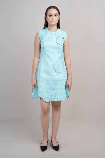 Shop_Parneet Gujral_Blue Crepe Round Neck 3d Flower Embroidered Dress _Online_at_Aza_Fashions