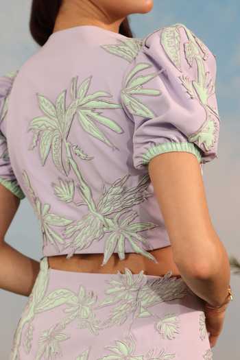 Parneet Gujral_Purple Crepe Keyhole Neck Floral Embroidered Crop Top _Online_at_Aza_Fashions