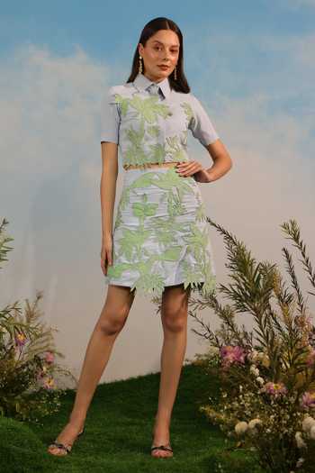 Shop_Parneet Gujral_Sky Blue Crepe Collared Neck Embroidered Cropped Shirt _Online_at_Aza_Fashions
