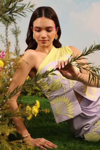 Parneet Gujral_Purple Crepe One Shoulder Embroidered Top _at_Aza_Fashions