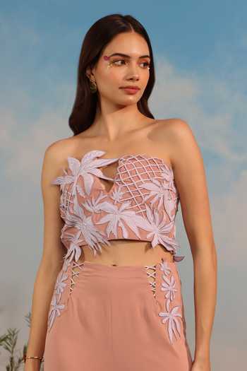 Parneet Gujral_Peach Crepe Bandeau Neck 3d Floral Applique Work Crop Top _Online_at_Aza_Fashions