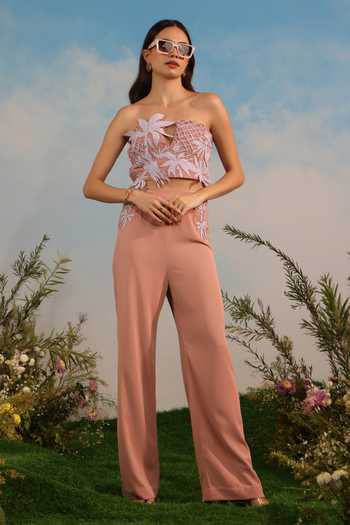 Buy_Parneet Gujral_Peach Crepe Bandeau Neck 3d Floral Applique Work Crop Top _Online_at_Aza_Fashions
