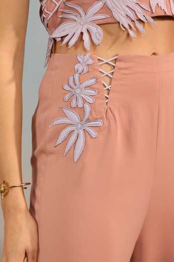 Shop_Parneet Gujral_Peach Crepe Bandeau Neck 3d Floral Applique Work Crop Top _Online_at_Aza_Fashions