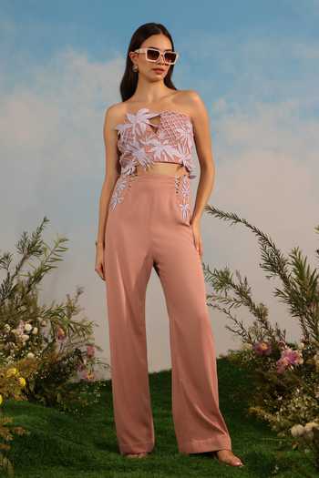 Parneet Gujral_Peach Crepe Bandeau Neck 3d Floral Applique Work Crop Top _at_Aza_Fashions