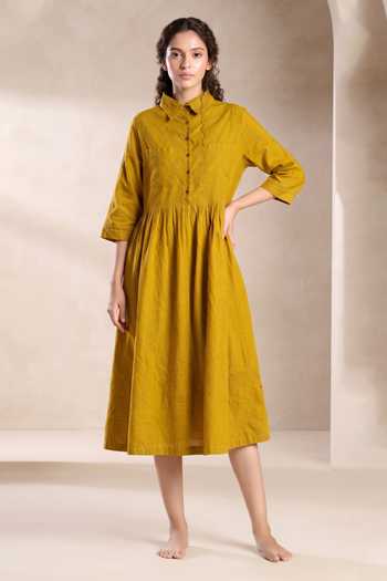 Buy MATI Yellow Handloom Cotton Shirt Dress at Aza Fashions Buy_MATI_Yellow Handloom Cotton Shirt Dress_at_Aza_Fashions