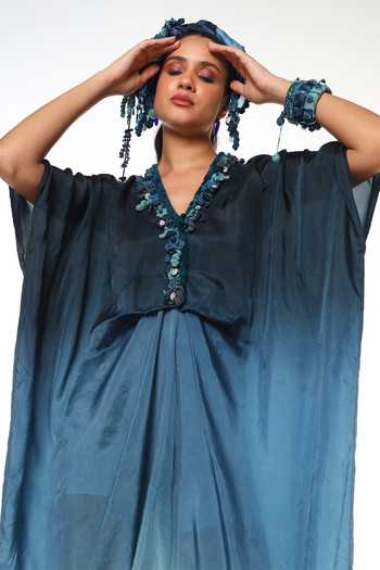 Shop CAPISVIRLEO Blue Silk V-neck Alba Ocean Ombre Kaftan Online at Aza Fashions Shop_CAPISVIRLEO_Blue Silk V-neck Alba Ocean Ombre Kaftan _Online_at_Aza_Fashions