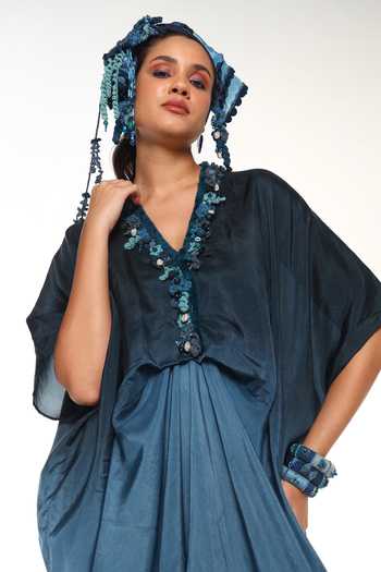 CAPISVIRLEO Blue Silk V-neck Alba Ocean Ombre Kaftan at Aza Fashions CAPISVIRLEO_Blue Silk V-neck Alba Ocean Ombre Kaftan _at_Aza_Fashions