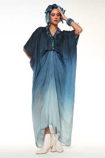 Buy CAPISVIRLEO Blue Silk V-neck Alba Ocean Ombre Kaftan Buy_CAPISVIRLEO_Blue Silk V-neck Alba Ocean Ombre Kaftan