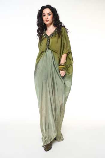 CAPISVIRLEO_Green Silk V-neck Alba Sapphire Shaded Kaftan _Online_at_Aza_Fashions