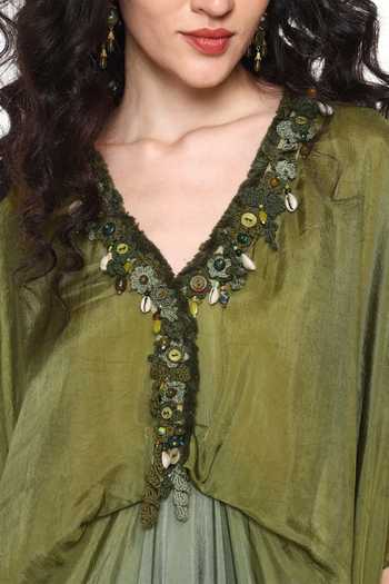 Shop_CAPISVIRLEO_Green Silk V-neck Alba Sapphire Shaded Kaftan _Online_at_Aza_Fashions