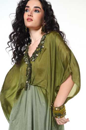 CAPISVIRLEO_Green Silk V-neck Alba Sapphire Shaded Kaftan _at_Aza_Fashions