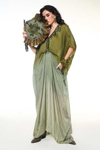 Buy_CAPISVIRLEO_Green Silk V-neck Alba Sapphire Shaded Kaftan 
