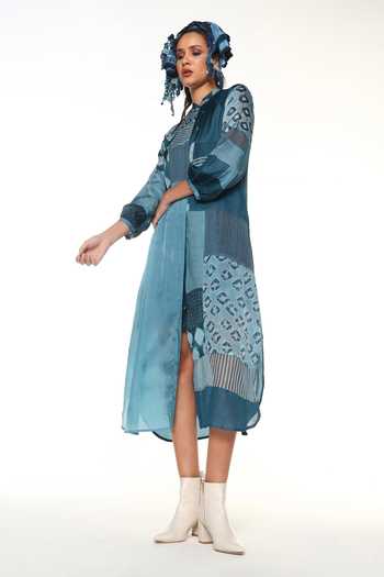 Buy CAPISVIRLEO Blue Silk Mandarin Collar Aveline Patchwork Dress Set Online at Aza Fashions Buy_CAPISVIRLEO_Blue Silk Mandarin Collar Aveline Patchwork Dress Set _Online_at_Aza_Fashions