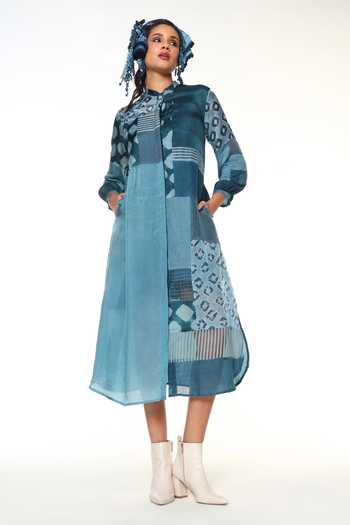 Shop CAPISVIRLEO Blue Silk Mandarin Collar Aveline Patchwork Dress Set Online at Aza Fashions Shop_CAPISVIRLEO_Blue Silk Mandarin Collar Aveline Patchwork Dress Set _Online_at_Aza_Fashions